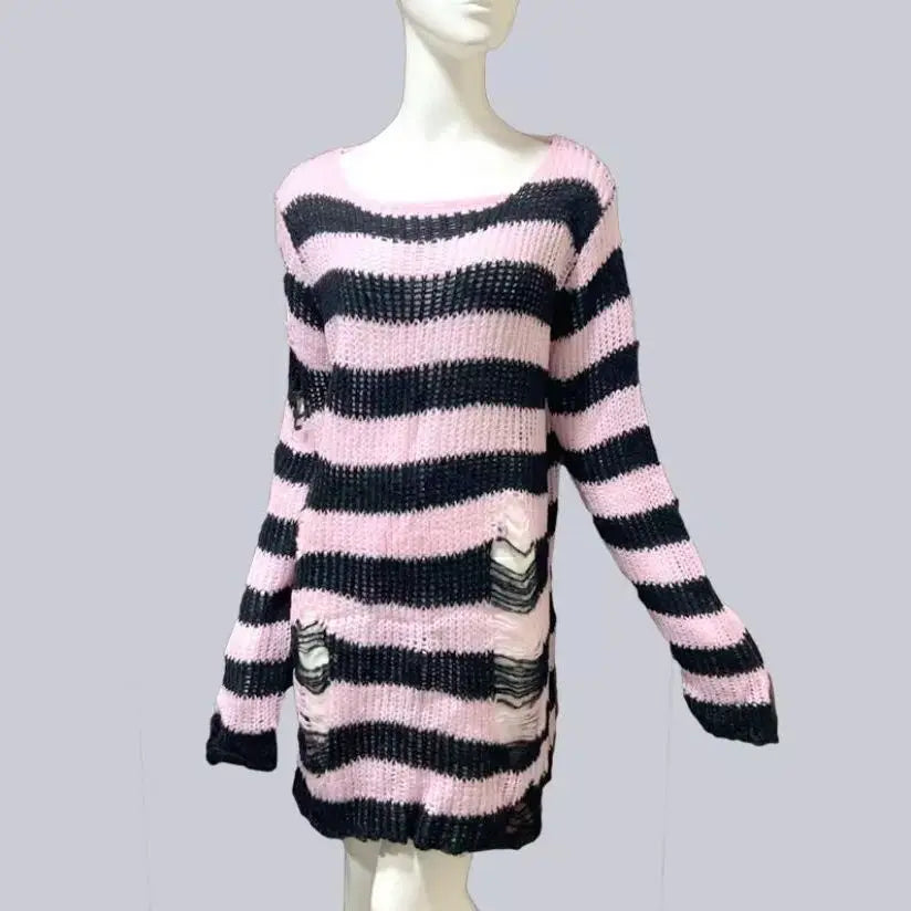 Punk Gothic Sweater - Striped Hollow Out Rock Streetwear Top - true deals club