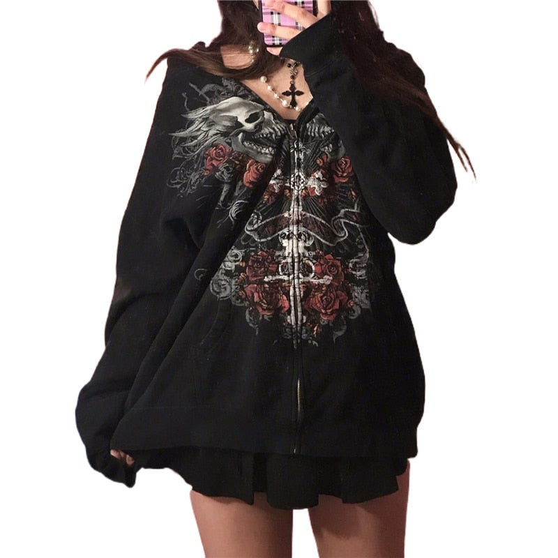 Women's Gothic Skull Print Long Sleeve Hoodie - true-deals-club