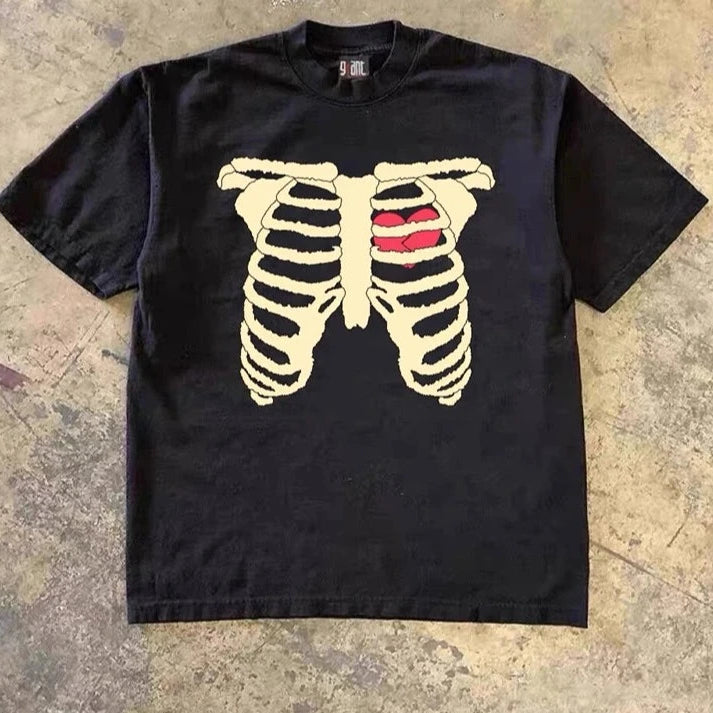 Cotton Oversized Skeleton Print T Shirt - true-deals-club