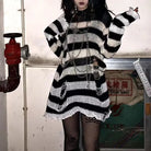 Punk Gothic Sweater - Striped Hollow Out Rock Streetwear Top - true deals club