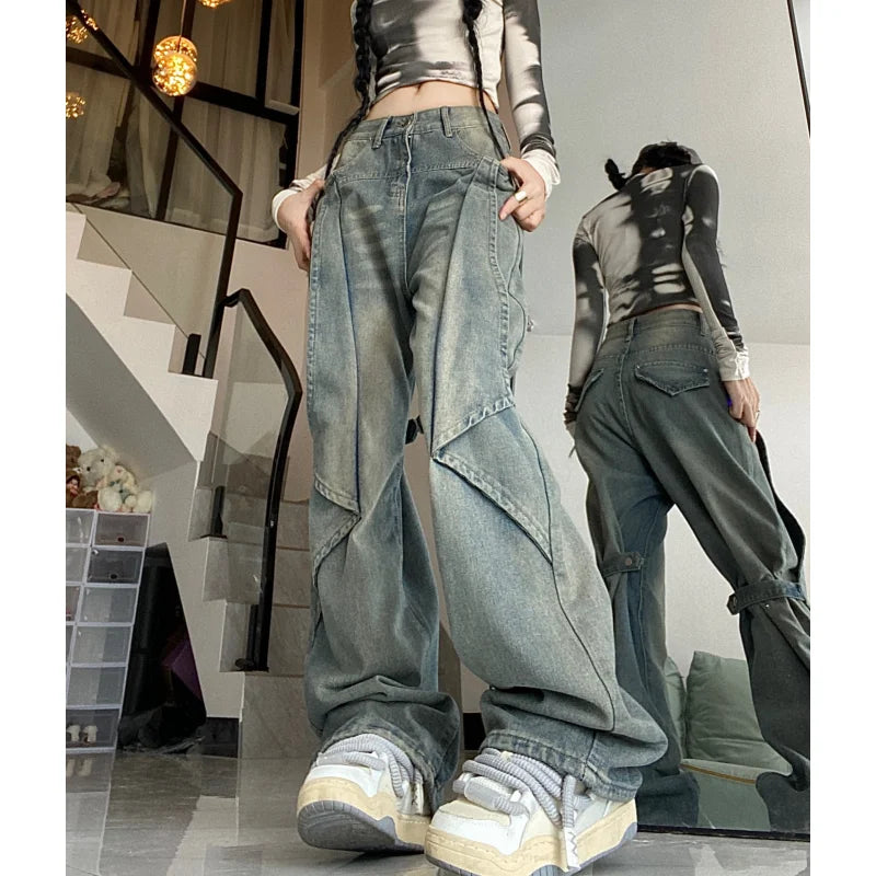 Vintage High Waist Women's Jeans: Chic American Fashion Streetwear Wide Leg Baggy Denim Pants - true-deals-club