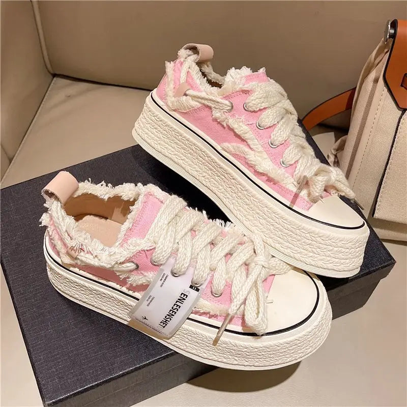 Teen Girly Canvas Sneakers Thick Platform, All-match Student Shoes - True-Deals-Club