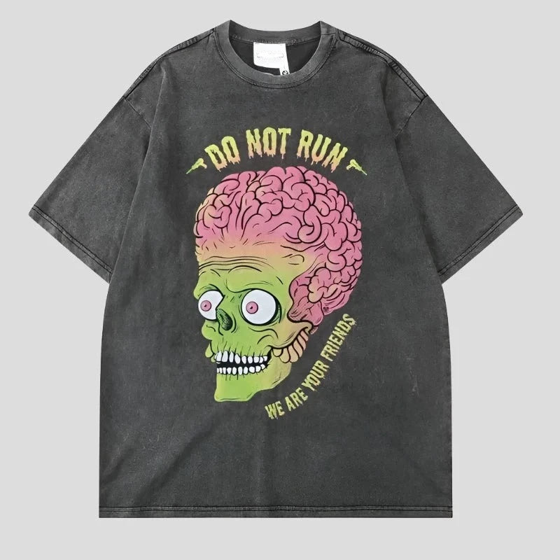 Zombie Skull Men's Washed Streetwear Graphic Tees - true-deals-club