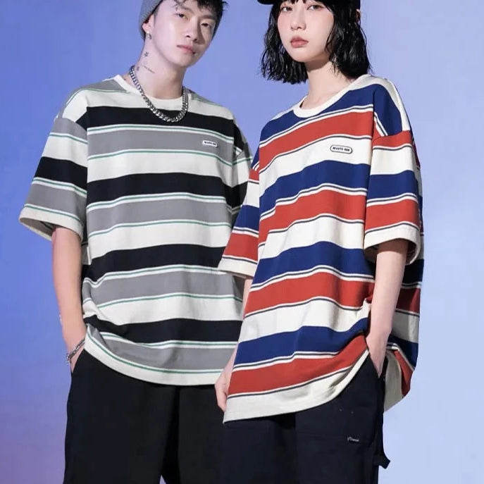 Loose Contrast Color Striped T-shirts Unisex - True-Deals-Club