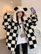 Checkered Cozy Bear Ears Zip-Up Hoodie for Women - True-Deals-Club