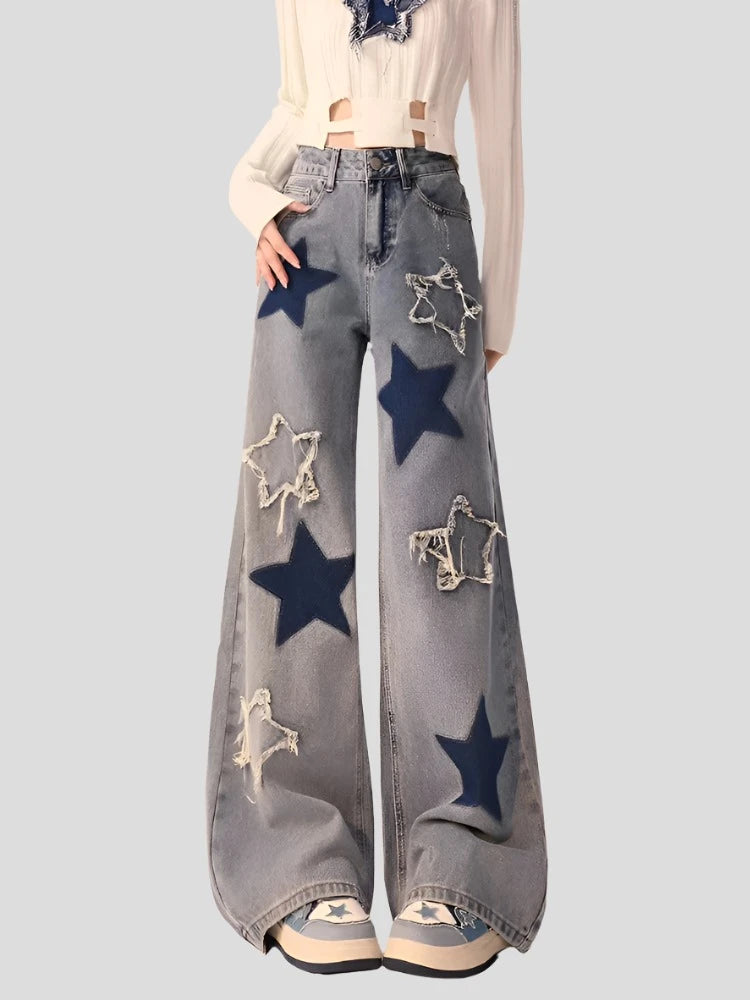 High Waist Baggy Jeans - American Star Embroidery for Women - true-deals-club