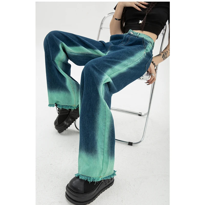 High Waist Straight Baggy Women's Jeans: Chic Design Streetwear Gradient Color Y2K Denim Wide Leg Trouser - true-deals-club