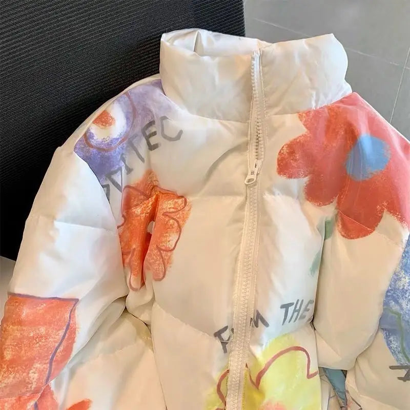 Cozy Puffer Jacket for Teen Women: Hand-Painted Beautiful Flower Print - true-deals-club