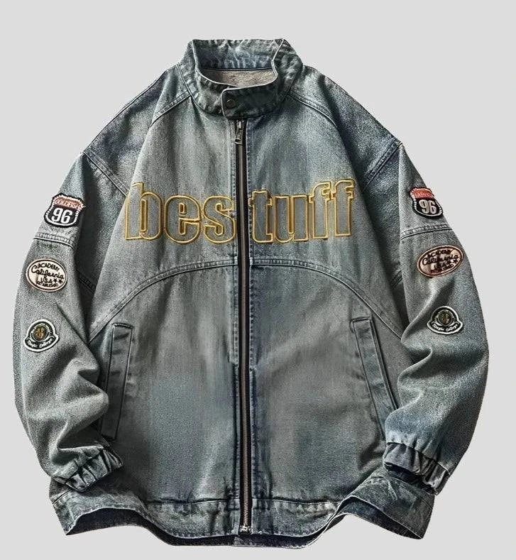 Men's Letter Embroidery, Baseball Varsity Denim Jacket - true-deals-club