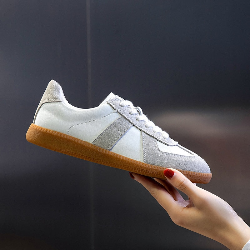 White Split Leather Sneakers Flat for Women - true-deals-club