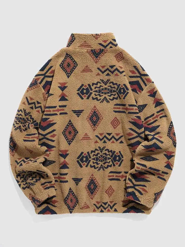 Men's Fuzzy Faux Sherpa Ethnic Print Sweatshirt - True-Deals-Club