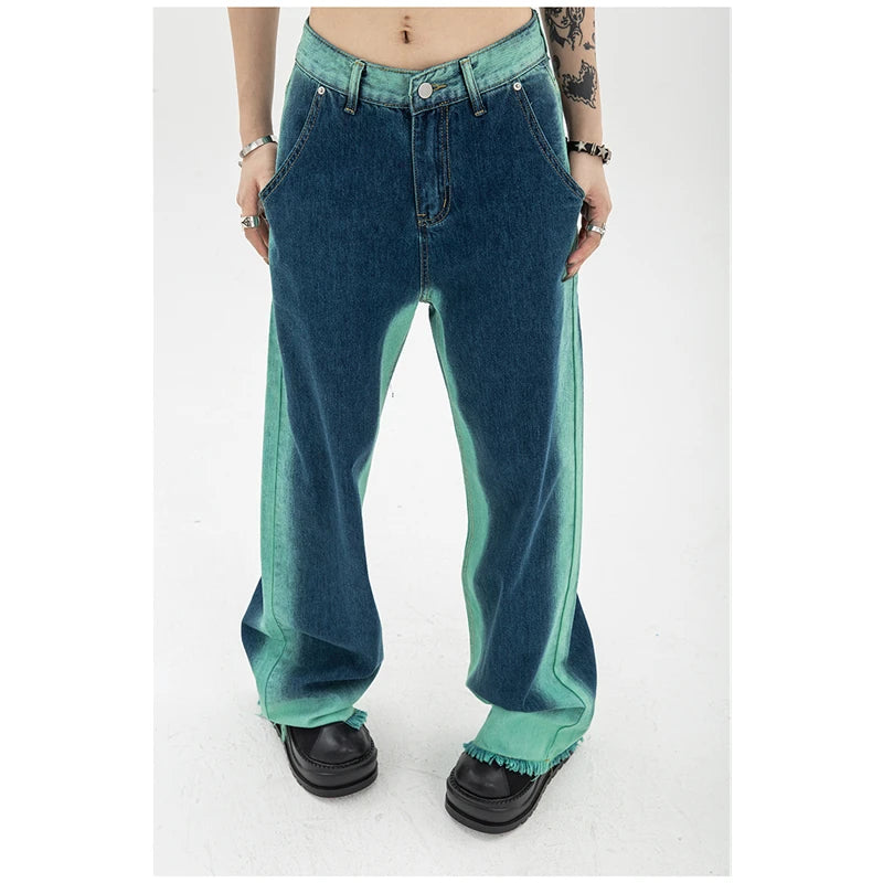 Loose Baggy Jeans for Women: High Waisted Two Tone Pants - true-deals-club