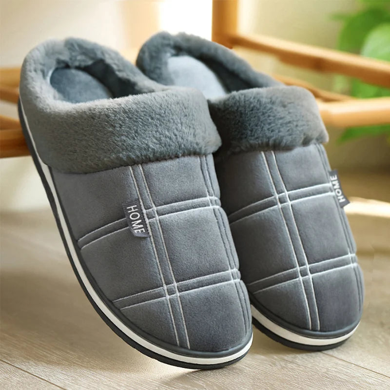 Plaid Memory Foam Winter Plush Warm Non-Slip House Slippers - Large Size for Men - true-deals-club