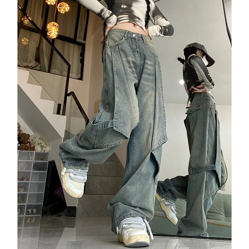 Vintage High Waist Women's Jeans: Chic American Fashion Streetwear Wide Leg Baggy Denim Pants - true-deals-club