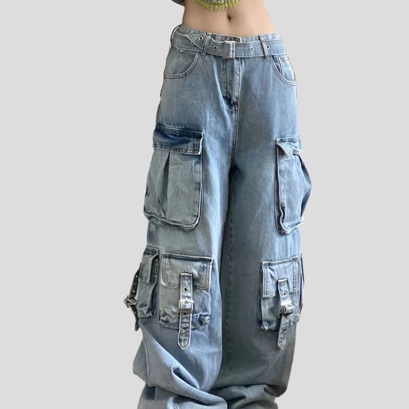 Autumn Winter Women's Ladies Cargo Jeans: American Street Style Blue Multi-Pocket Wide Leg Pants - true-deals-club
