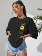Unhappy Face Cotton Printed Oversized Women's Crew Neck T Shirt - true-deals-club