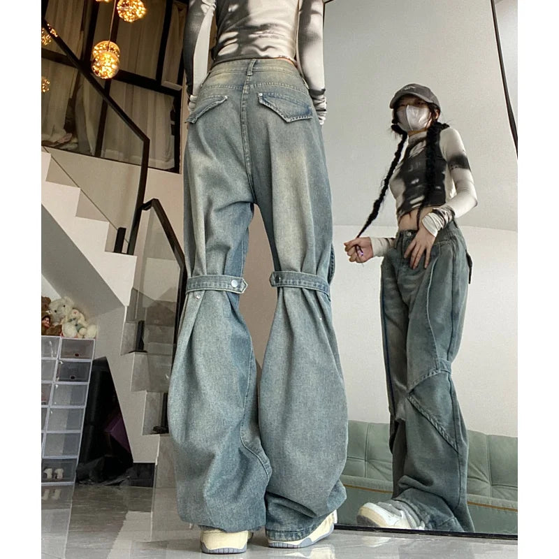 Vintage High Waist Women's Jeans: Chic American Fashion Streetwear Wide Leg Baggy Denim Pants - true-deals-club