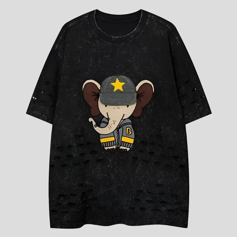 Men's Elephant Patchwork Ripped Short Sleeve T-Shirt - true-deals-club