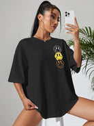 Unhappy Face Cotton Printed Oversized Women's Crew Neck T Shirt - true-deals-club