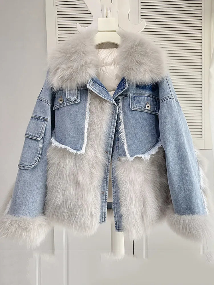 Loose Detachable Loose Bomber Fur Denim Jacket for Women - true-deals-club