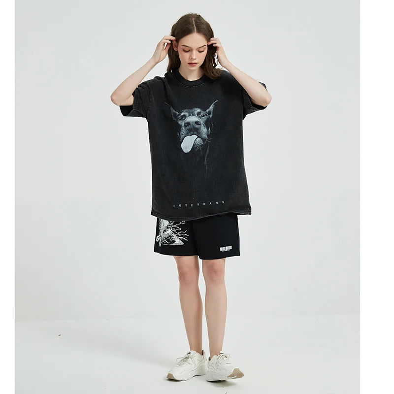 Hip Hop Doberman Oversized Women's Washed Cotton T-shirt - true-deals-club