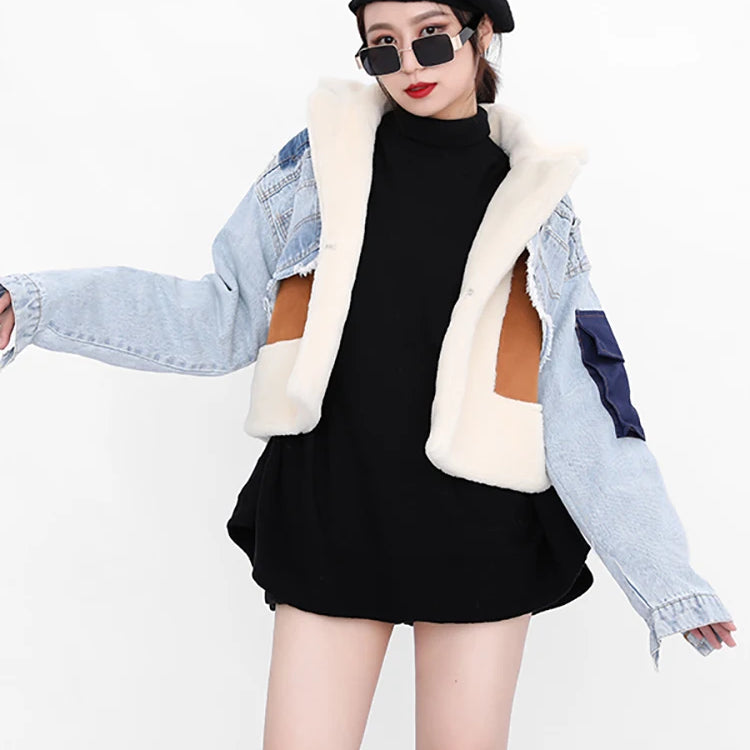 Chic Women's Wool Slim Patchwork Denim Jacket - true-deals-club