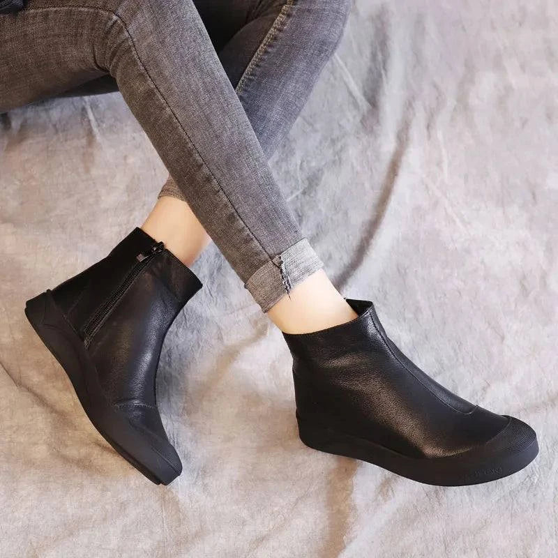 Flat Leather Ankle Black Boots for Women - true-deals-club
