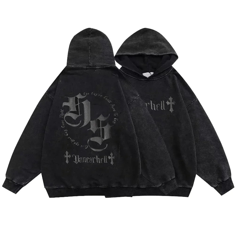 Washed Black Hoodie: Gothic Cotton Pullover Streetwear for Men and Women - true-deals-club