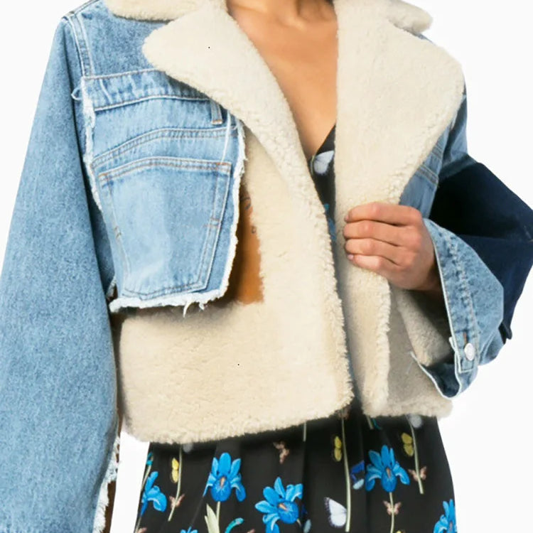 Chic Women's Wool Slim Patchwork Denim Jacket - true-deals-club