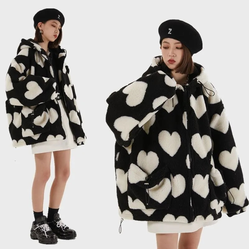 Student Hooded Cotton Women's Hearts Print Fur Jacket - True-Deals-Club