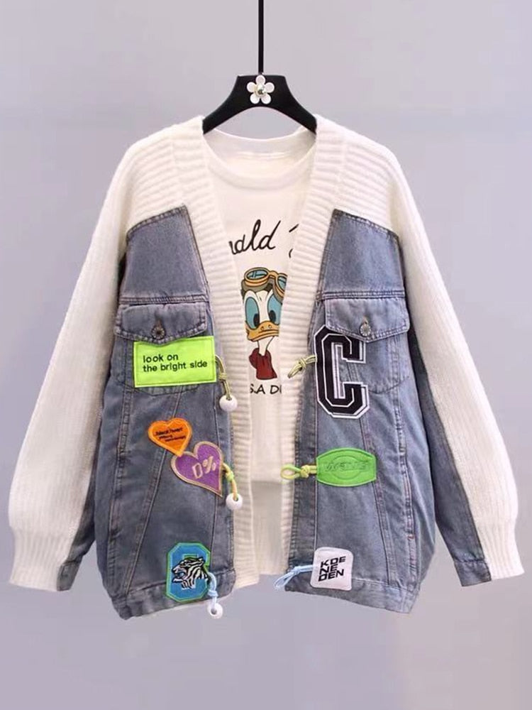 Loose Denim Patchwork Knit Jacket for Women - True-Deals-Club