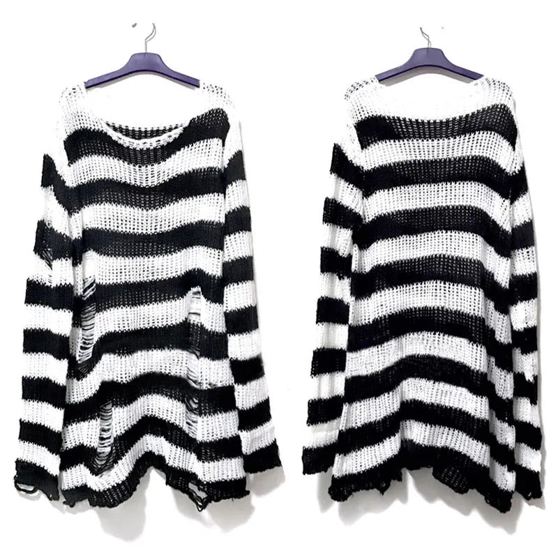 Punk Gothic Sweater - Striped Hollow Out Rock Streetwear Top - true deals club