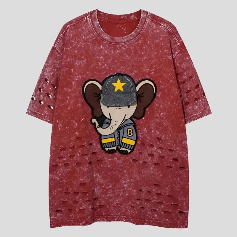 Men's Elephant Patchwork Ripped Short Sleeve T-Shirt - true-deals-club