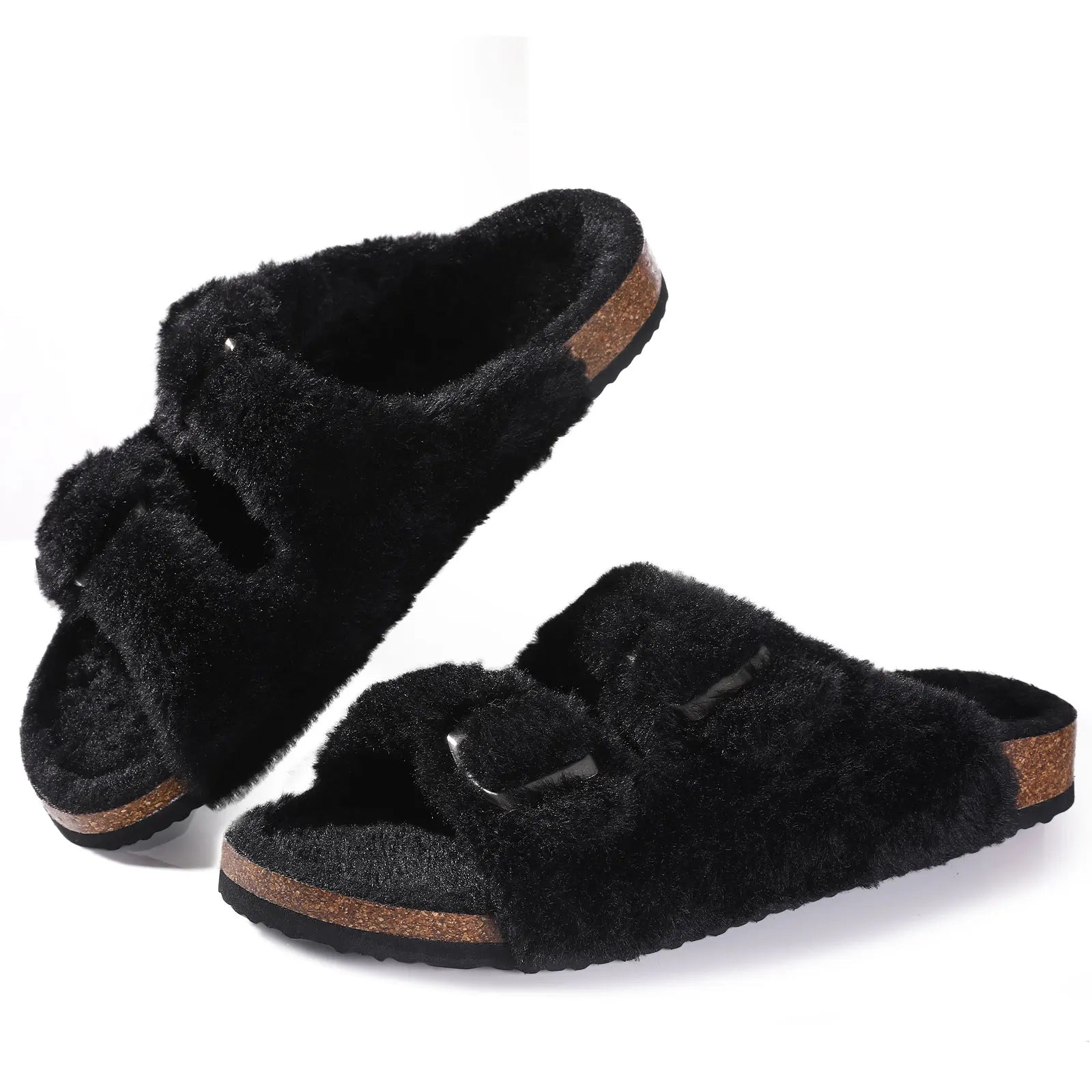 Plush Cork Footbed Furry Slippers for Women - True-Deals-Club