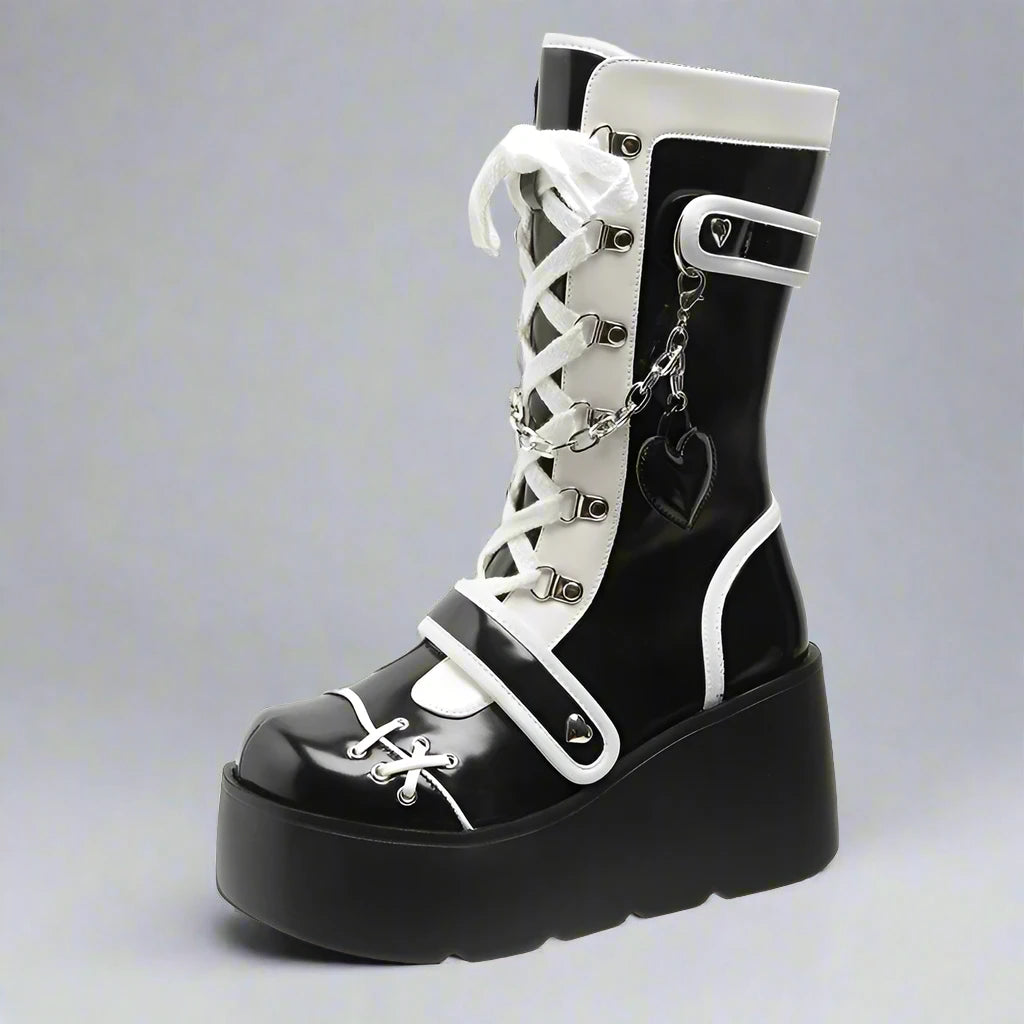 Platform Wedge Women's Punk Boots Black and White Gothic Style - true-deals-club