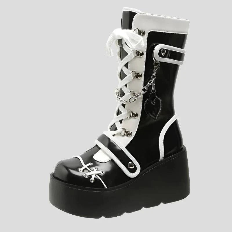 Platform Wedge Women's Punk Boots Black and White Gothic Style - true-deals-club