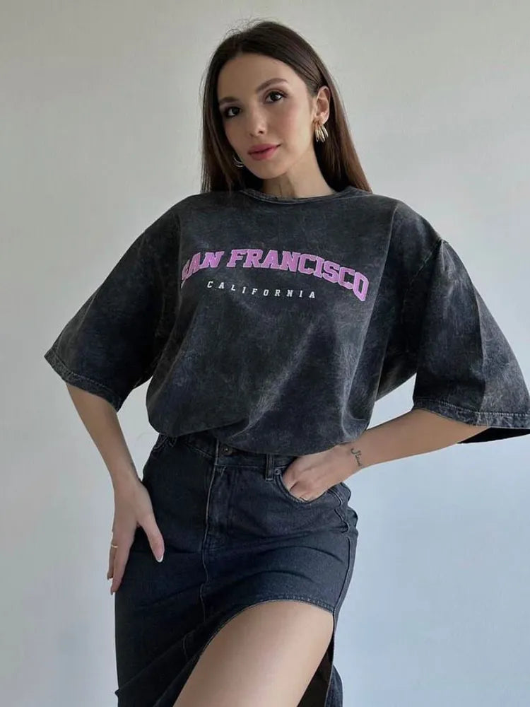 Vintage Cotton Acid Wash Tee for Women - true-deals-club