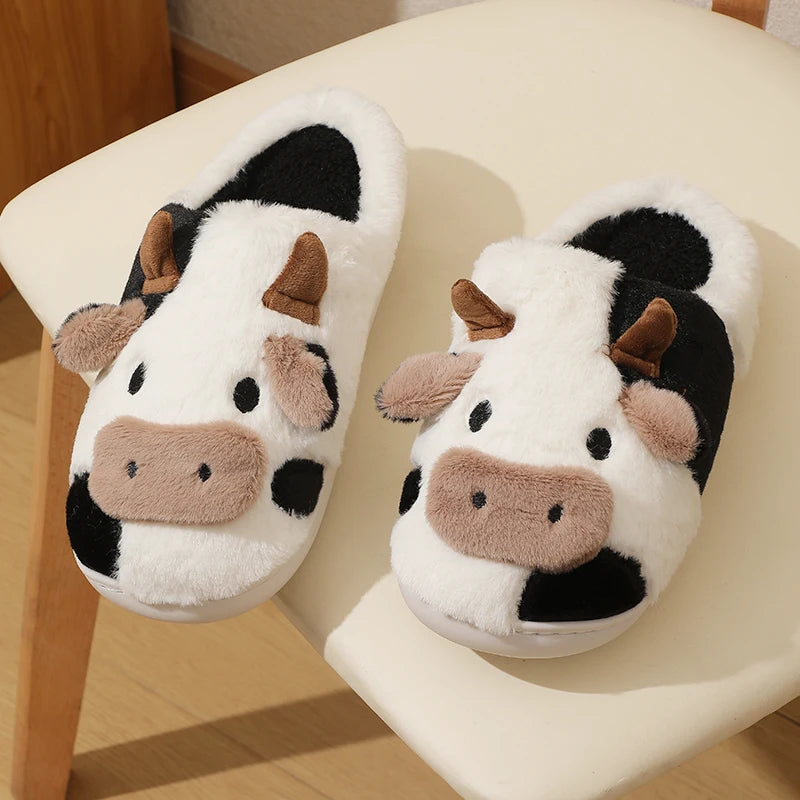 Winter Cartoon Cow Plush Slippers - Non-Slip Indoor Shoes - true deals club