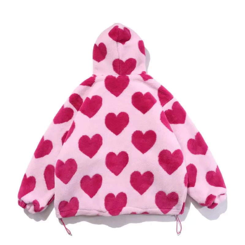 Student Hooded Cotton Women's Hearts Print Fur Jacket - True-Deals-Club