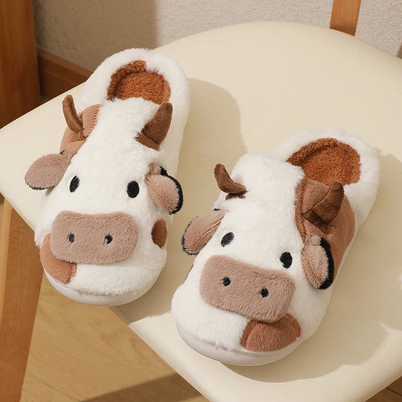 Winter Cartoon Cow Plush Slippers - Non-Slip Indoor Shoes - true deals club