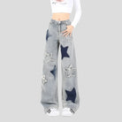 Blue Baggy Jeans with Five-Point Star Design - true-deals-club