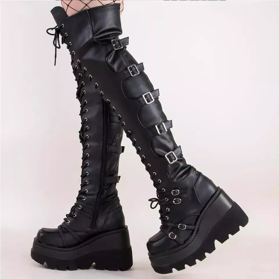 Punk Gothic Thigh High Platform Wedge Boots for Women - True-Deals-Club