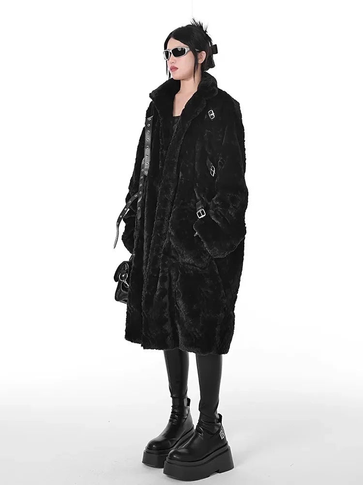 Punk Style Winter Women's Long Black Faux Fur Coat - true-deals-club