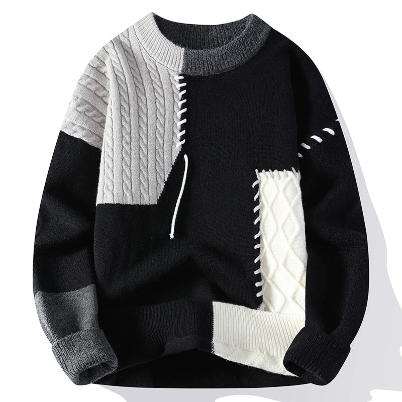 Men's Patchwork Sweater - Warm Hip-Hop Streetwear - true deals club