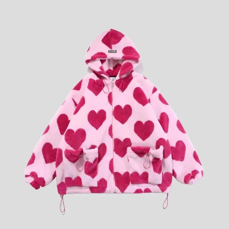 Student Hoodie Cotton Women's Hearts Print Fur Jacket - true-deals-club