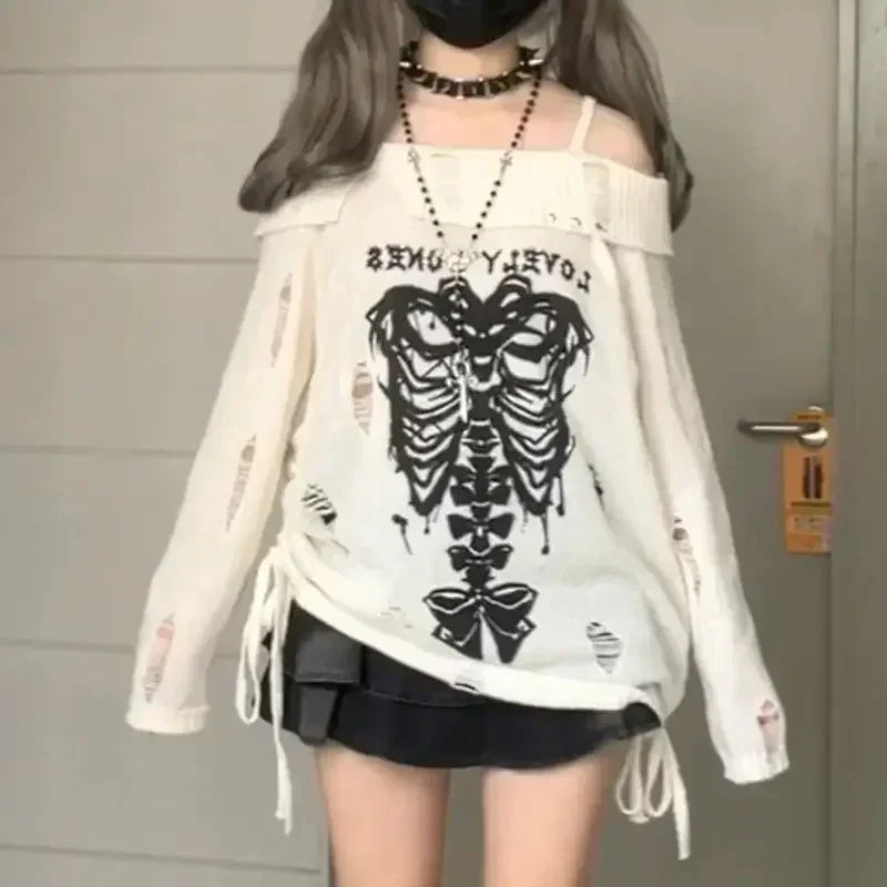 Summer Knit Sweater - Y2K Skull Off The Shoulder Pullover - true deals club