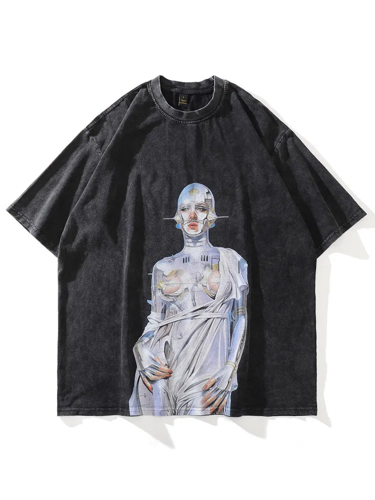 Distressed Oversized Tee with Graphic Print - true-deals-club