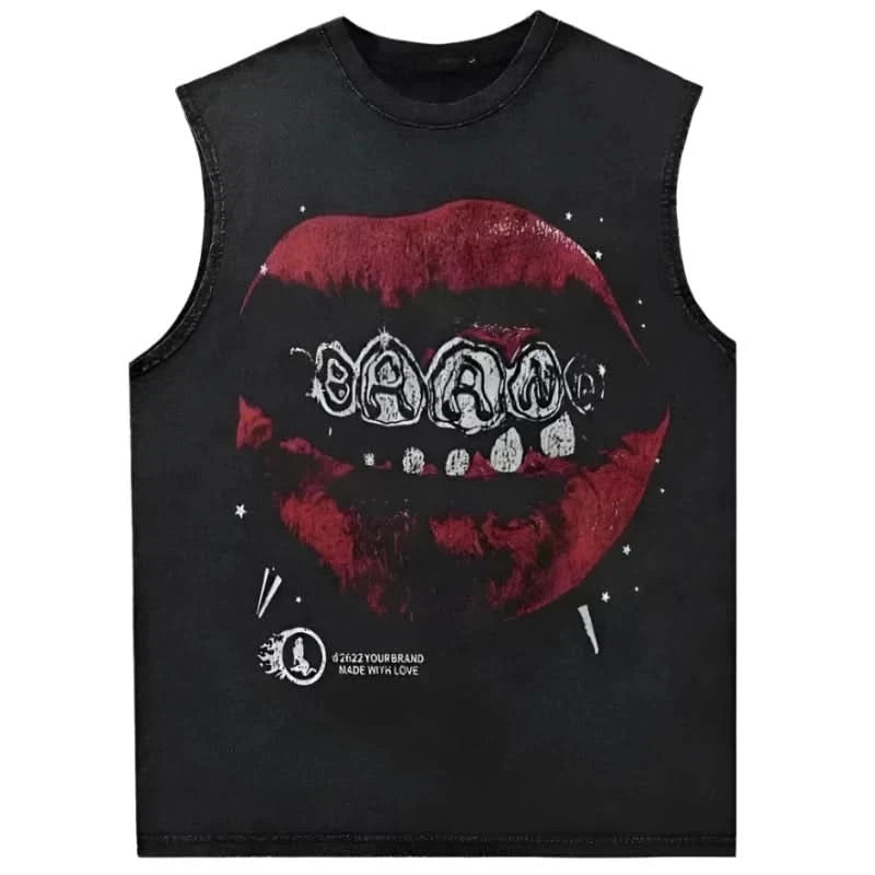 Sleeveless Oversized T Shirt - Lips Graphic Print - true-deals-club