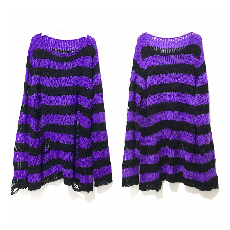 Punk Gothic Sweater - Striped Hollow Out Rock Streetwear Top - true deals club