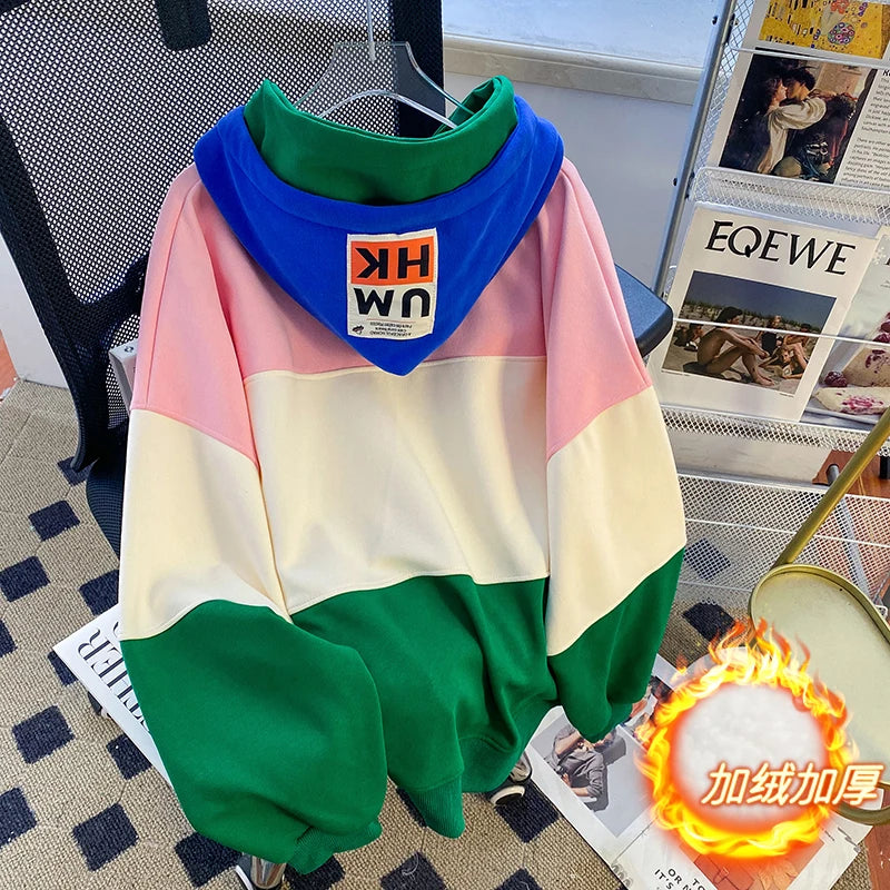 Oversize Contrast Warm Fleece Hoodie Sweatshirt for Women - true-deals-club